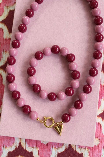 Setje velvet roze & burgundy ketting + armband