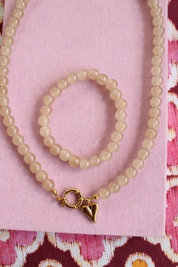 Setje glaskraal beige ketting + armband